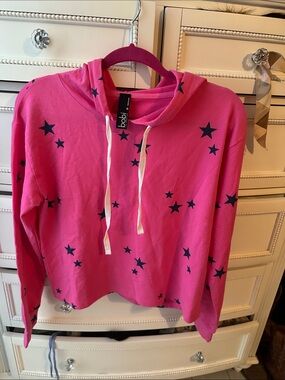 bobi Hot Pink Star-Print Hoodie with Navy Stars Sz M